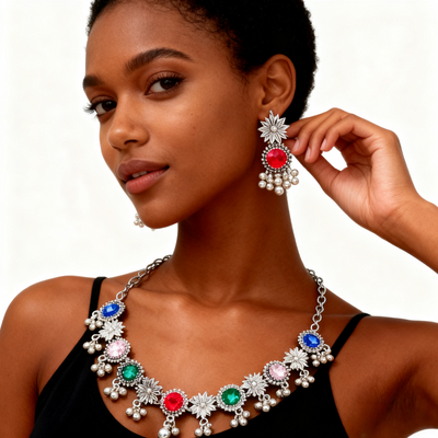 925 Silver Multicolor Agate Necklace & Earring Set