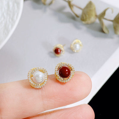 Zircon entwined natural freshwater pearl earrings