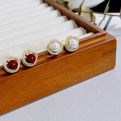 Zircon entwined natural freshwater pearl earrings