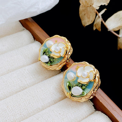 Oil Painting Flower Natural Freshwater Pearl Necklace Earrings