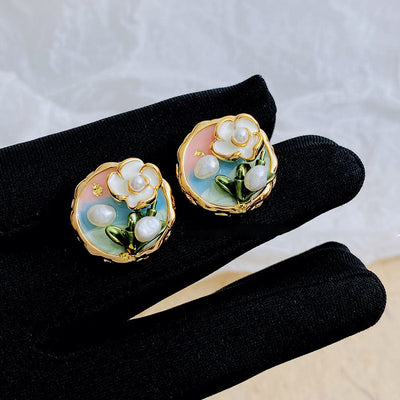 Oil Painting Flower Natural Freshwater Pearl Necklace Earrings