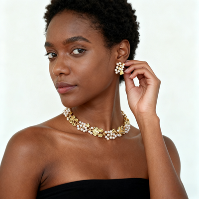 18K Gold Pearl Flower Necklace & Earring Set