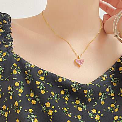 Pink heart natural crystal necklace