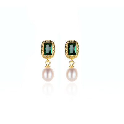 Emerald Zircon Freshwater Pearl Stud Earrings