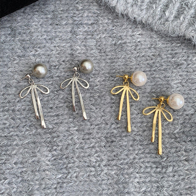 Pearl Bow Tassel Stud Earrings