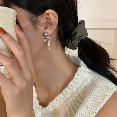 Pearl Bow Tassel Stud Earrings