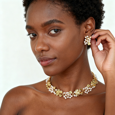 18K Gold Pearl Flower Necklace & Earring Set