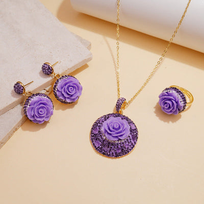 Rose flower earrings ring necklace set