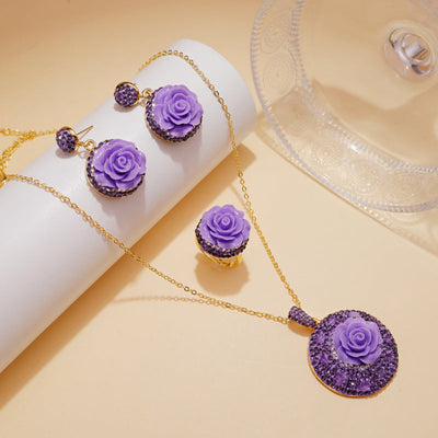 Rose flower earrings ring necklace set