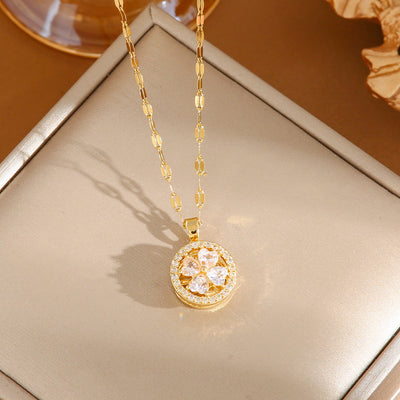 Natural diamond lucky four-leaf clover rotating necklace