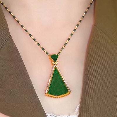 Natural Emerald Jade Stone triangle pendant necklace