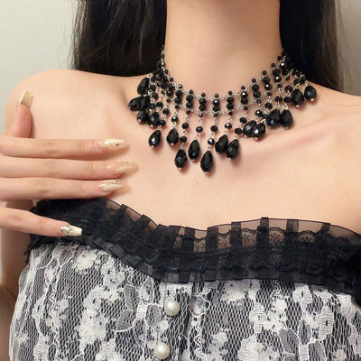 Black water drop tassel necklace