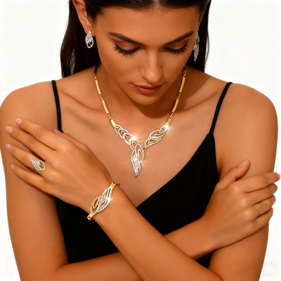 18K Gold Diamond Necklace & Earrings & Bracelet & Ring Set