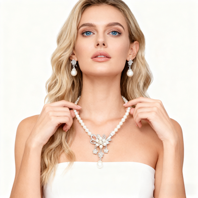 925 Silver Floral Pearl Necklace & Earring Set