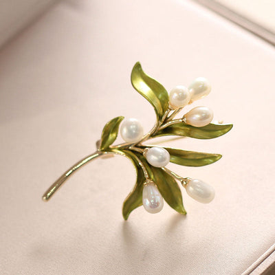 Olive branch natural freshwater pearl brooch