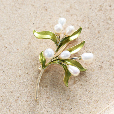 Olive branch natural freshwater pearl brooch