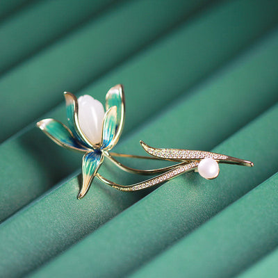 Lotus Natural Emerald Jade Stone Brooch