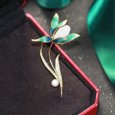 Lotus Natural Emerald Jade Stone Brooch