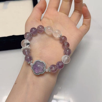 Five-petal Natural Crystal Round Bead Bracelet