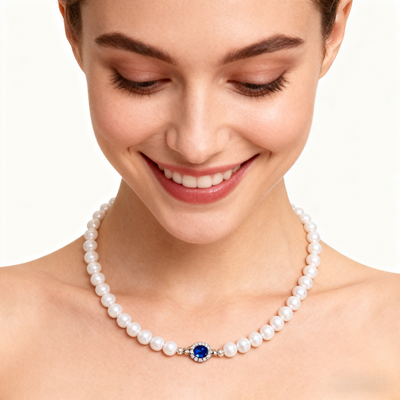 925 Silver Sapphire & Pearl Necklace