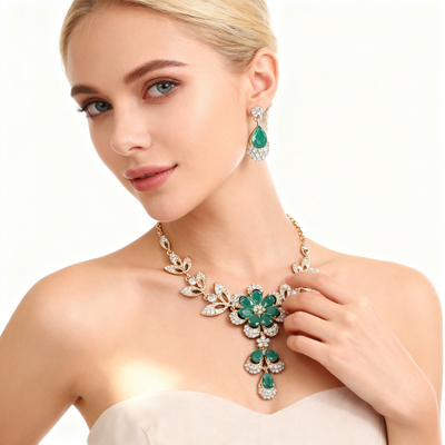 18K Gold Diamond & Agate Necklace & Earring Set