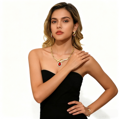 18K Gold Ruby Leaf Necklace & Earrings & Bracelet Set