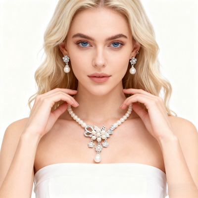 925 Silver Floral Pearl Necklace & Earring Set