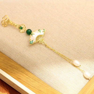 Bamboo Leaf Fan Pearl Tassel Brooch