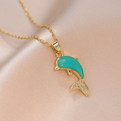 Dolphin Cat's Eye Crystal Pendant Necklace