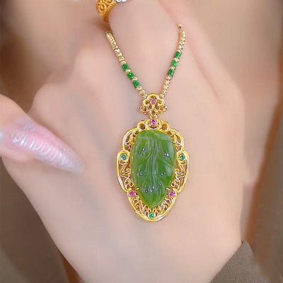 Gold Disk Leaf Natural Emerald Jade Stone Necklace