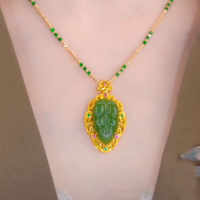 Gold Disk Leaf Natural Emerald Jade Stone Necklace