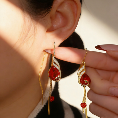 Ruby Peacock Tassel Earrings