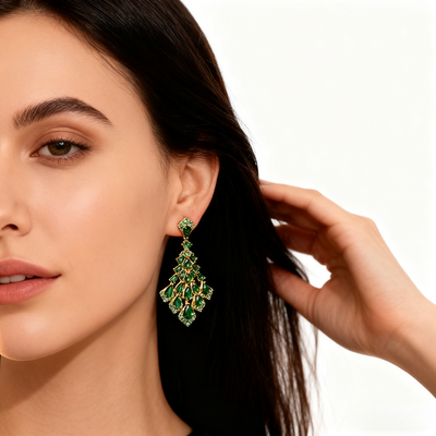 18K Gold Green Crystal Tassel Earrings