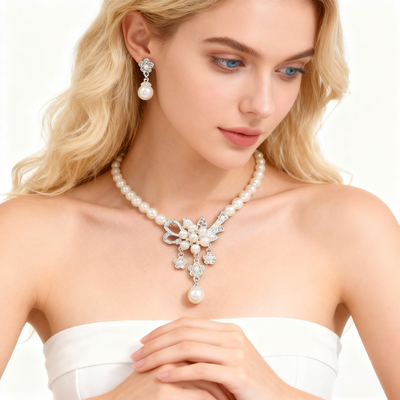 925 Silver Floral Pearl Necklace & Earring Set