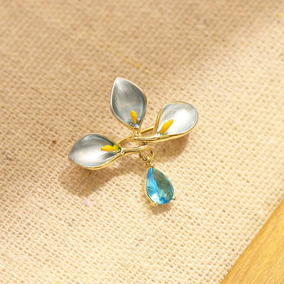 Calla lily water drop natural crystal brooch