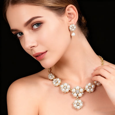 18K Gold Pearl & Diamond Cluster Necklace & Earring Set