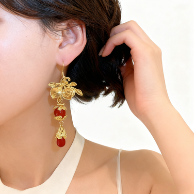 18K Gold Red Agate Flower Earrings