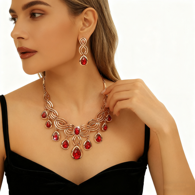 Teardrop Red Crystal Rose Gold Necklace & Earrings Set