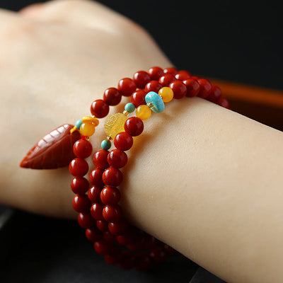 Red Leaf Three Circle Natural Agate Bracelet