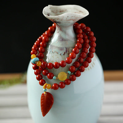 Red Leaf Three Circle Natural Agate Bracelet