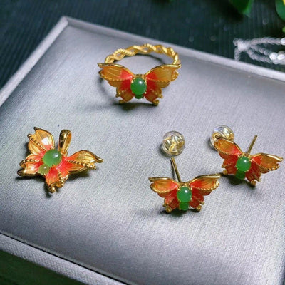 Butterfly Natural Emerald Jade Stone Earrings, Rings, Necklaces