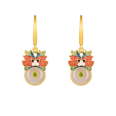 Dragon Enamel Natural Emerald Jade Stone Earrings
