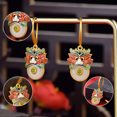 Dragon Enamel Natural Emerald Jade Stone Earrings