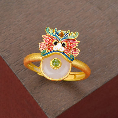 Dragon Enamel Natural Emerald Jade Stone Ring