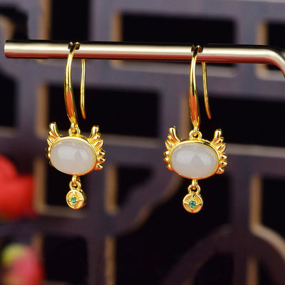 Cute Dragon Natural Emerald Jade Stone Earrings