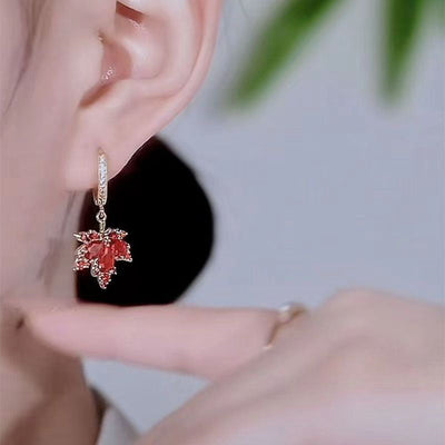 Maple Leaf Tassel Crystal Stud Earrings