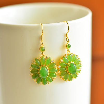 Round Flower Natural Emerald Jade Stone Earrings Ring Pendant