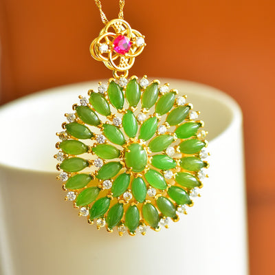 Round Flower Natural Emerald Jade Stone Earrings Ring Pendant
