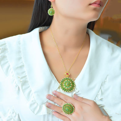 Round Flower Natural Emerald Jade Stone Earrings Ring Pendant