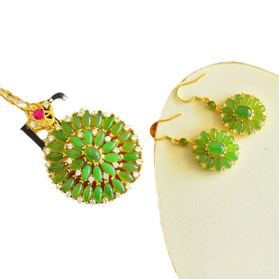 Round Flower Natural Emerald Jade Stone Earrings Ring Pendant